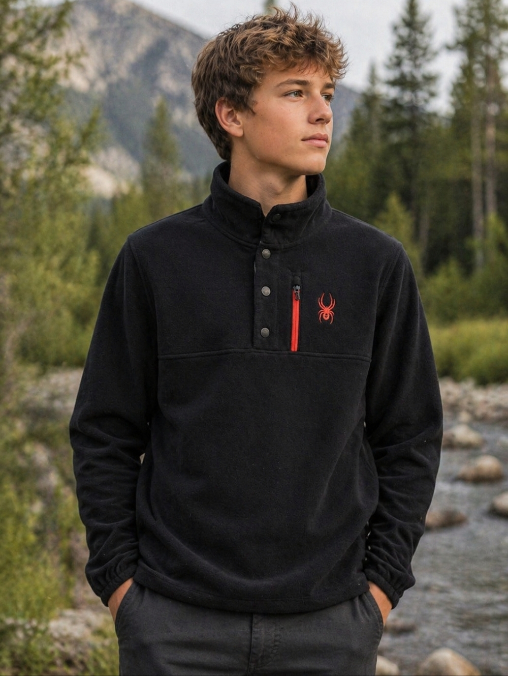 SPYDER Juniors/boys/girls Black Fleece Pullover w/ Red Accent, SIZE S, LIKE NEW
